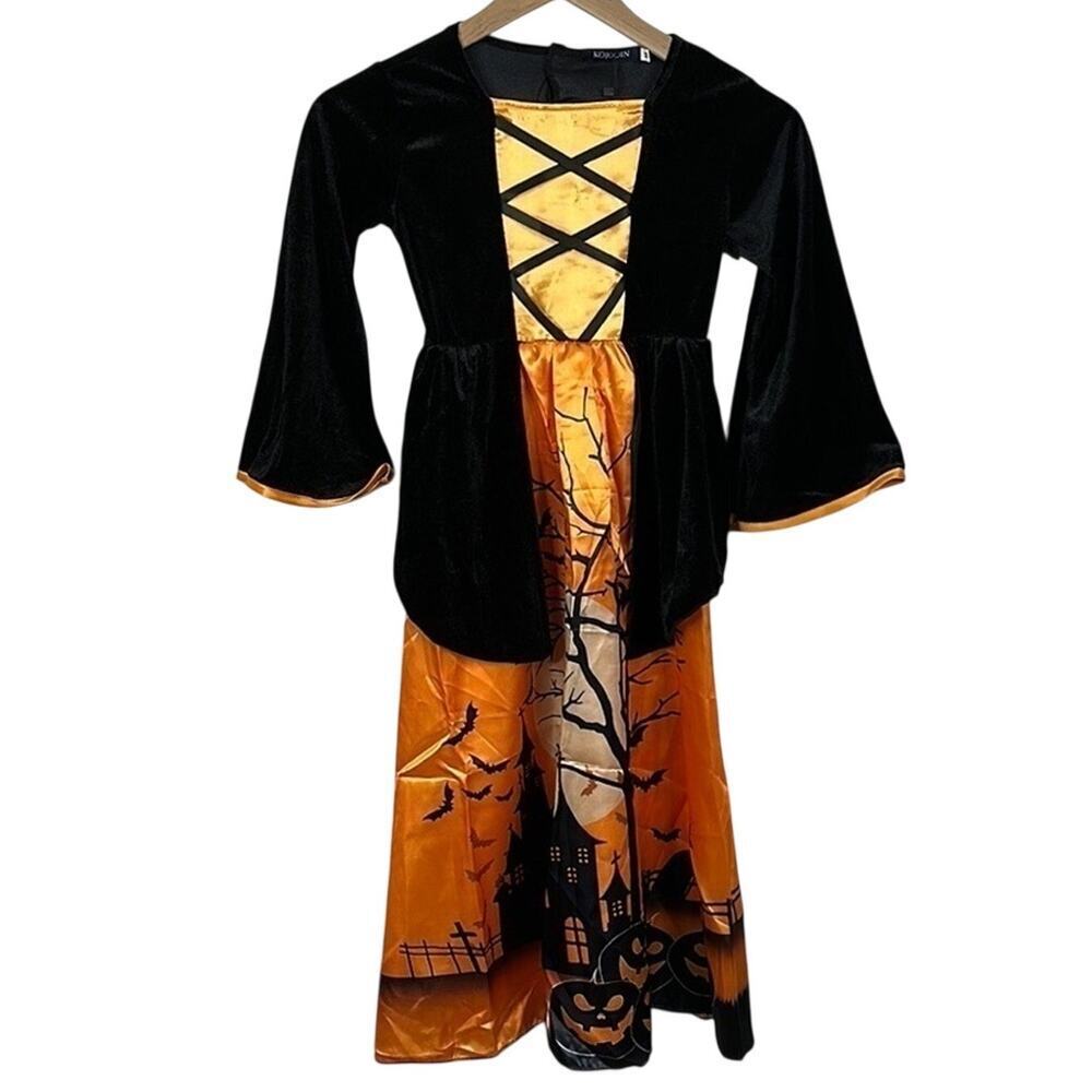 Kojoin Girls Youth Medium Witch Halloween Costume Black Orange Hat 3-Pc NWOT
